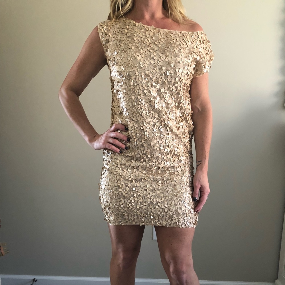 Alice and Olivia blush gold dress